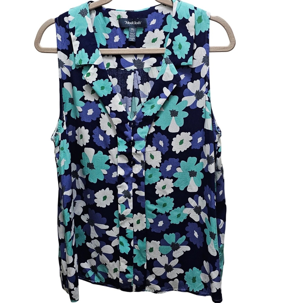 ModCloth Womens XL Blue Floral Viscose Sleeveless Button Front Blouse